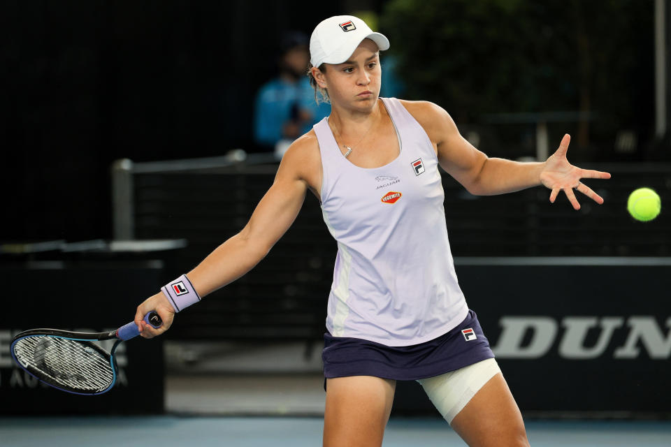 Seen here, Ash Barty hits a shot against Danielle Collins during a match in Adelaide.