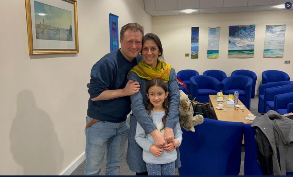 Reunited at last: Mrs Zaghari-Ratcliffe with her husband Richard and their daughter Gabriella (Handout)