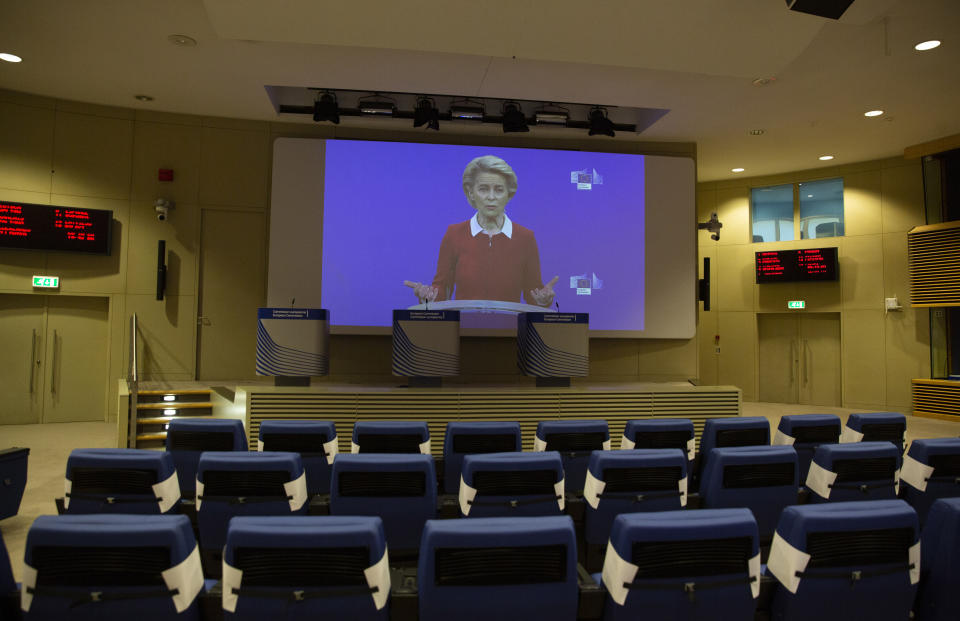 European Commission President Ursula von der Leyen speaks via video conference into a press room at EU headquarters in Brussels, Wednesday, Oct. 28, 2020. The European Commission on Wednesday, is launching an additional set of actions, to help limit the spread of the coronavirus, save lives and strengthen the internal market's resilience. (AP Photo/Virginia Mayo, Pool)
