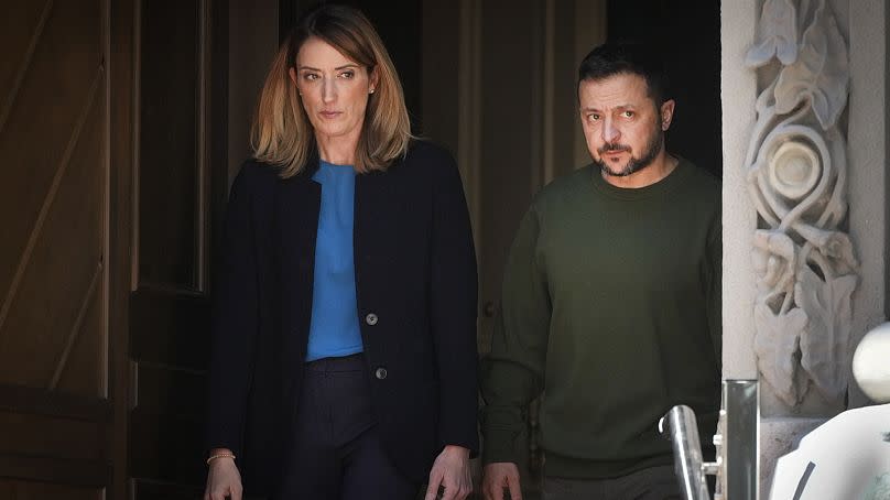 Ukrainian President Volodymyr Zelenskyy, right, and European Parliament President Roberta Metsola arrive for their press conference in Kyiv Ukraine, Thursday, May 9, 2024. 