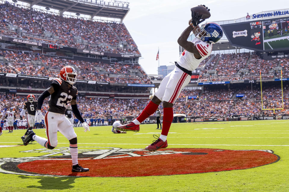 Malik Nabers made multiple highlight-reel grabs against the Browns. (Scott Galvin-Imagn Images)