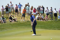 Branden Grace, of South Africa, watches his birdie on the 15th hole during the second round of the PGA Championship golf tournament on the Ocean Course Friday, May 21, 2021, in Kiawah Island, S.C. (AP Photo/David J. Phillip)