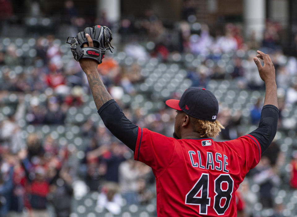 Cleveland Indians relief pitcher Emmanuel Clase celebrates after a win over the Detroit Tigers in a baseball game in Cleveland, Sunday, April 11, 2021. (AP Photo/Phil Long)