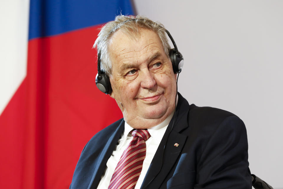 FILE - President of the Czech Republic Milos Zeman addresses the media during a joint press conference after their meeting at the Hofburg palace with the Austrian President Alexander Van der Bellen in Vienna, Austria, June 10, 2021. Russia’s invasion of Ukraine has shocked the former Soviet satellite states of Central and Eastern Europe, drawing strong condemnation even from the region’s most pro-Kremlin politicians. Zeman called the invasion on Thursday Feb. 24, 2022, “an unprovoked act of aggression.” (AP Photo/Lisa Leutner, File)