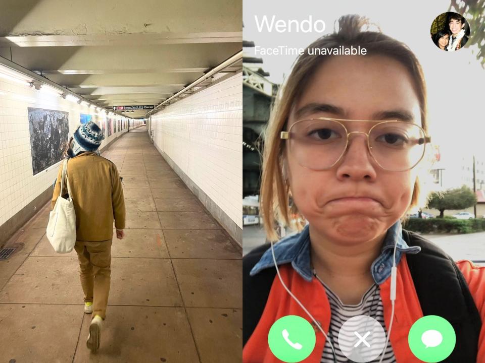 Left: A person in tan clothing with a white tote walks down a hallway in a subway station. Right: The author frowning in New York after a failed facetime call with mom