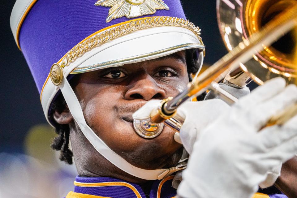 Miles College's Purple Marching Machine members perform during the Circle City Classic Battle of the Bands on Saturday, Sept. 24, 2022, at Lucas Oil Stadium. This years event featured bands from five HBCUs. The event also featured a step competition. 