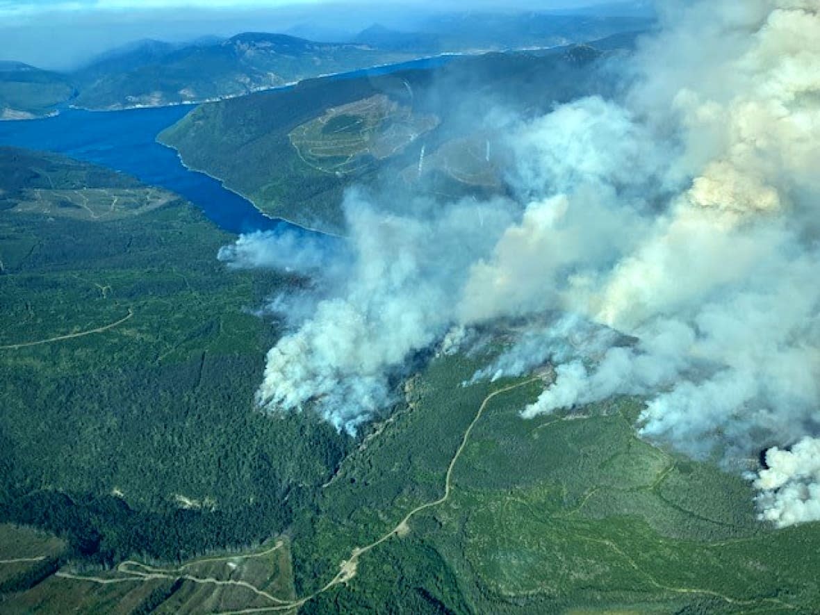 An evacuation order is in place in the western part of Hudson's Hope, while other areas are under evacuation alert, due to an ongoing wildfire about 50 kilometres west of the community.  (Prince George Fire Centre - image credit)