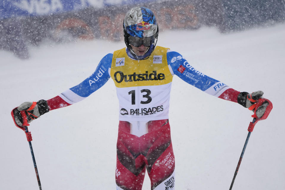 France's Clement Noel reacts after finishing a men's World Cup slalom skiing race, Sunday, Feb. 26, 2023, in Olympic Valley, Calif. (AP Photo/John Locher)