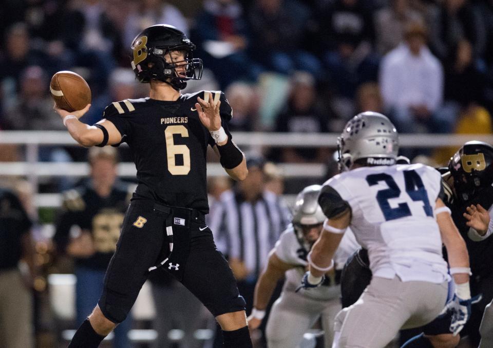 Boonville’s Clay Conner (6) passes as the Boonville Pioneers play the Reitz Panthers at Bennett Field in Boonville, Ind., Friday evening, Oct. 22, 2021. 