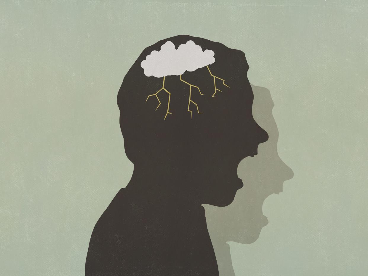 Illustration of a silhouette angry man with storm cloud in his head screaming.