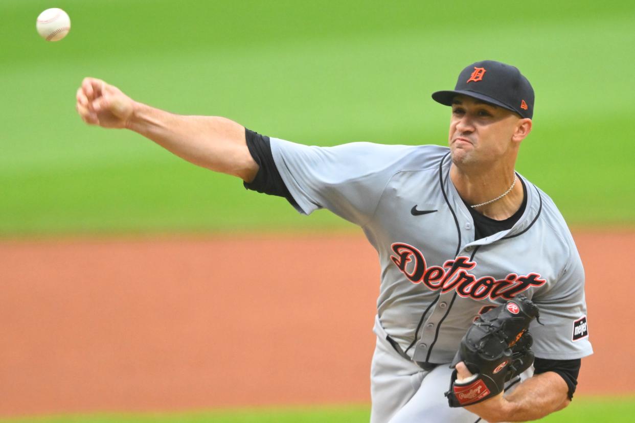 Detroit Tigers starting pitcher Jack Flaherty (9) delivers a pitch in the first inning against the Cleveland Guardians at Progressive Field in Cleveland on Wednesday, July 24, 2024.