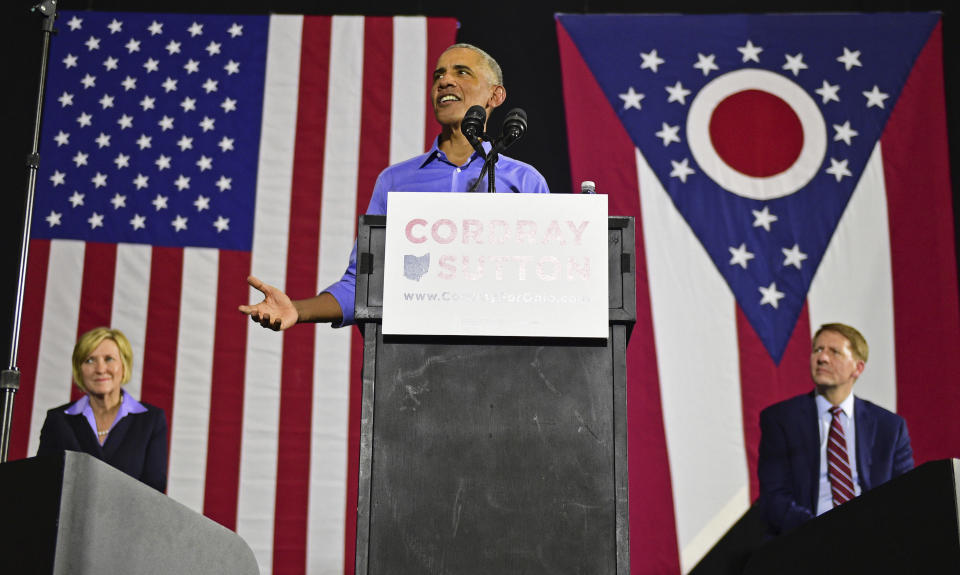 Former President Barack Obama speaks as he campaigns in support of Ohio gubernatorial candidate Richard Cordray, Thursday, Sept. 13, 2018, in Cleveland. (AP Photo/David Dermer)