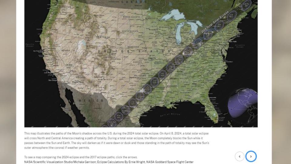 2024年日全食的預測軌跡，包含加拿大、墨西哥和美國15州，都有機會親眼目睹這個天文奇景。（圖／翻攝自NASA官網）