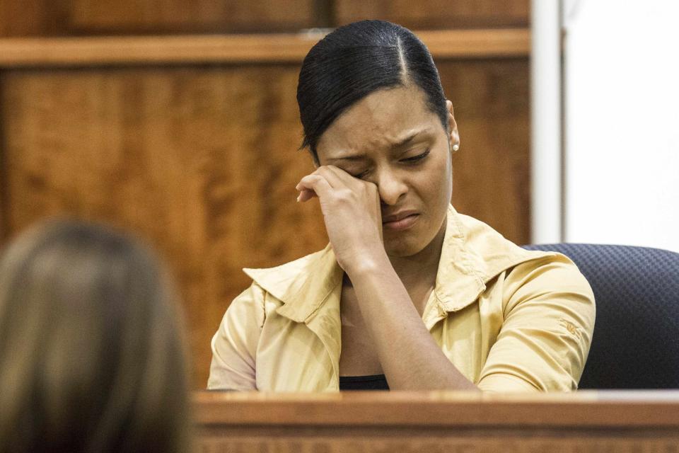 Shaneah Jenkins testifies during the murder trial of former New England Patriots tight end Aaron Hernandez at Bristol County Superior Court in Fall River, Massachusetts February 3, 2015. Hernandez is accused of murdering semi-professional football player Odin Lloyd in June, 2013. Hernandez has also has been accused of killing two men outside a Boston nightclub in 2012 following a dispute over a spilled drink. REUTERS/Aram Boghosian/The Boston Globe/Pool (UNITED STATES - Tags: CRIME LAW SPORT)