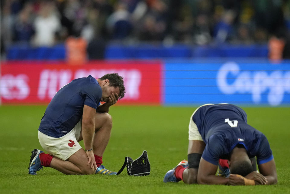 France's Antoine Dupont reacts after the end of the Rugby World Cup quarterfinal match between France and South Africa at the Stade de France in Saint-Denis, near Paris Sunday, Oct. 15, 2023. South Africa won the match 29-28. (AP Photo/Thibault Camus)