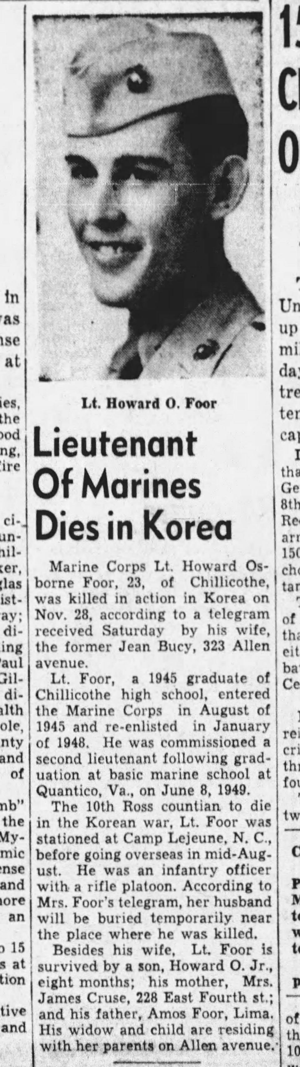 A 1950 article from the Chillicothe Gazette about the death of Howard Osborne Foor.