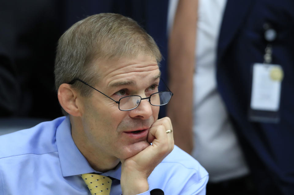 FILE - In this July 12, 2018, file photo, Rep. Jim Jordan, R-Ohio attends a joint hearing on, "oversight of FBI and Department of Justice actions surrounding the 2016 election" on Capitol Hill in Washington. Frustration and finger-pointing spilled over at a private meeting of House Republicans late Tuesday, Nov. 13, as lawmakers sorted through an election that cost the majority and began considering new leaders. The speaker’s gavel now out of reach, Republican Kevin McCarthy, an ally of President Donald Trump, is poised to be minority leader. But he faces a challenge from Jordan of the conservative Freedom Caucus. (AP Photo/Manuel Balce Ceneta, File)