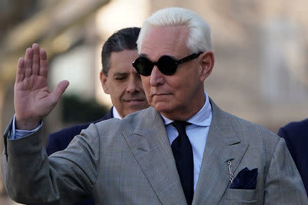 Roger Stone, longtime political ally of U.S. President Donald Trump, waves as he arrives for a status hearing in the criminal case against him brought by Special Counsel Robert Mueller at U.S. District Court in Washington, U.S., March 14, 2019. REUTERS/Joshua Roberts