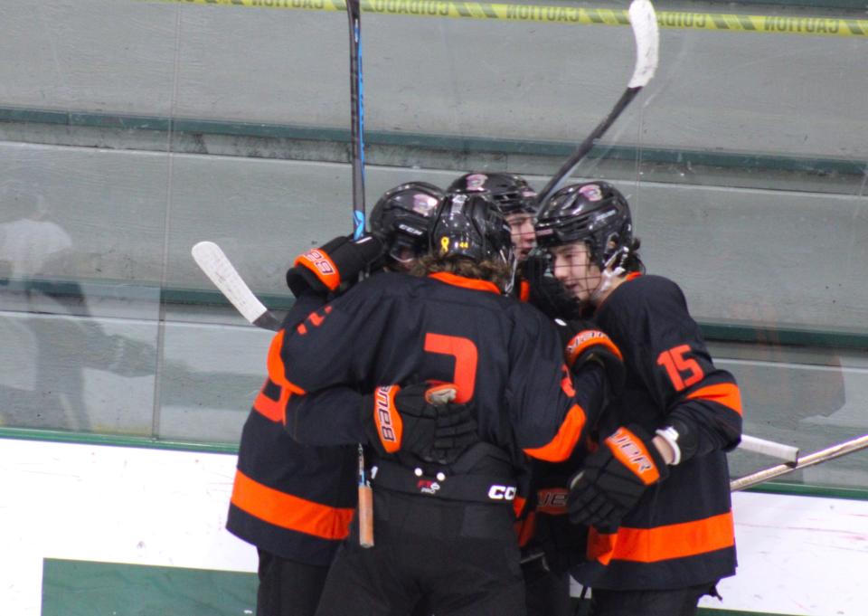 Gardner celebrates after Gavin Richard's tying goal against Lunenburg/Ayer-Shirley on Jan. 5, 2024.