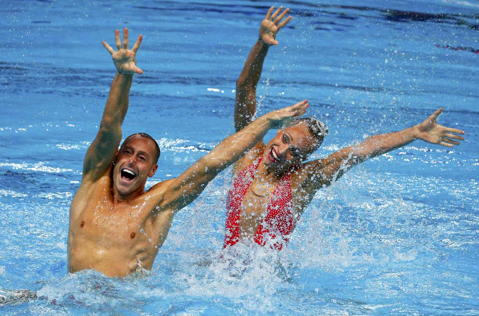 Jones and May of the U.S. perform in the synchronised swimming mixed duet technical final at the Aquatics World Championships in Kazan