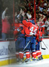 WASHINGTON, DC - APRIL 19: Marcus Johansson #90 of the Washington Capitals celebrates with his teammates after scoring a goal against the Boston Bruins in Game Four of the Eastern Conference Quarterfinals during the 2012 NHL Stanley Cup Playoffs at Verizon Center on April 19, 2012 in Washington, DC. (Photo by Patrick McDermott/Getty Images)