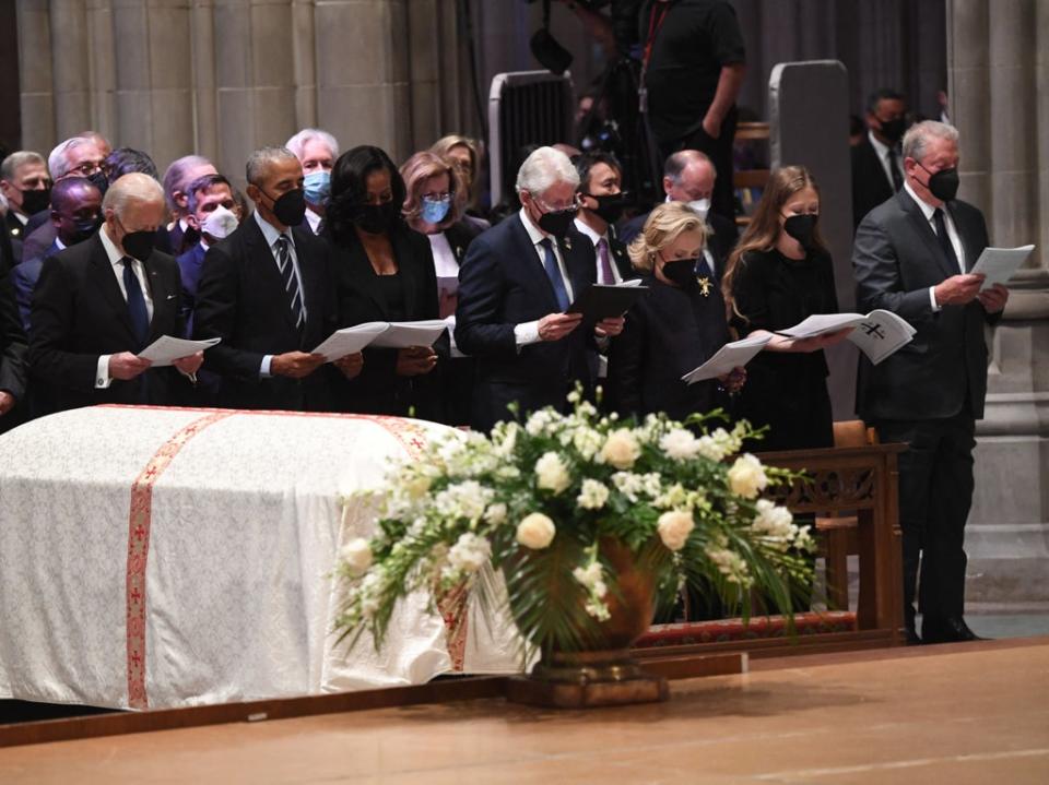 Joe Biden, Barack Obama, Bill Clinton, Hillary Clinton, and Al Gore attend the funeral service for Madeleine Albright (AFP via Getty Images)