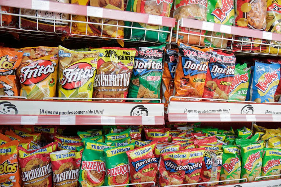 A line-up of chips at a Mexican store