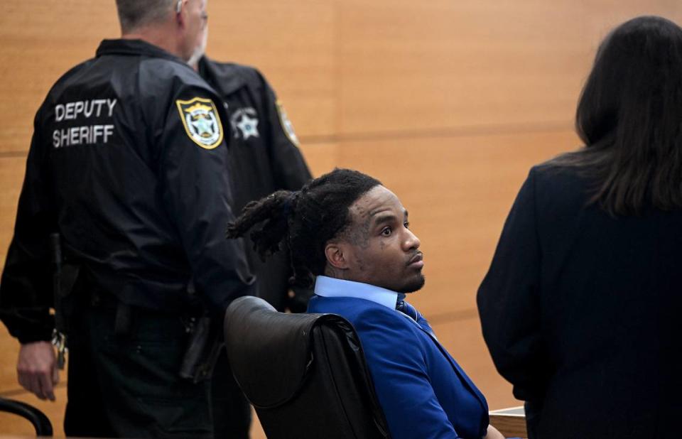 Troy Davis Sr. sits with attorneys on the first day of his trial for second-degree murder in the death of Luis Roblero in 2020 at the Manatee County Judicial Center Wednesday, Oct. 25, 2023.