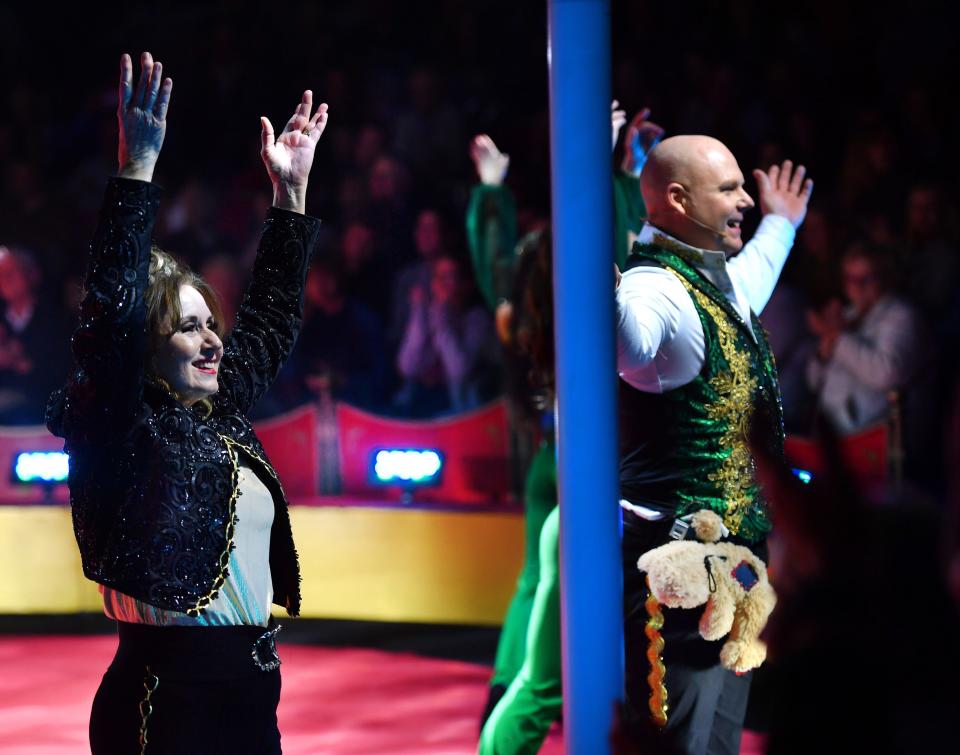 Delilah Wallenda and her son, Nik Wallenda, receive applause from spectators after performing on the high wire Thursday night, Dec. 28, 2023, at the Circus Arts Conservatory "A Brave New Wonderland" show at University Town Center in Sarasota.