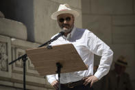 American novelist Jeffrey Eugenides speaks during a reading event in solidarity of support for author Salman Rushdie outside the New York Public Library, Friday, Aug. 19, 2022, in New York. (AP Photo/Yuki Iwamura)