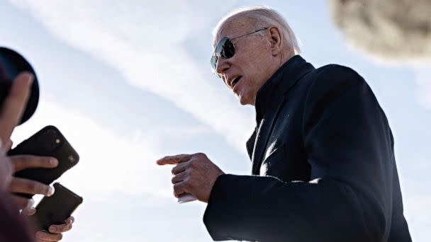 PHOTO: President Joe Biden speaks to reporters after arriving at Hagerstown Regional Airport in Hagerstown, Md., Feb. 4, 2023. Biden congratulated fighter pilots for taking down a Chinese spy balloon off the east coast. (Andrew Caballero-reynolds/AFP via Getty Images)