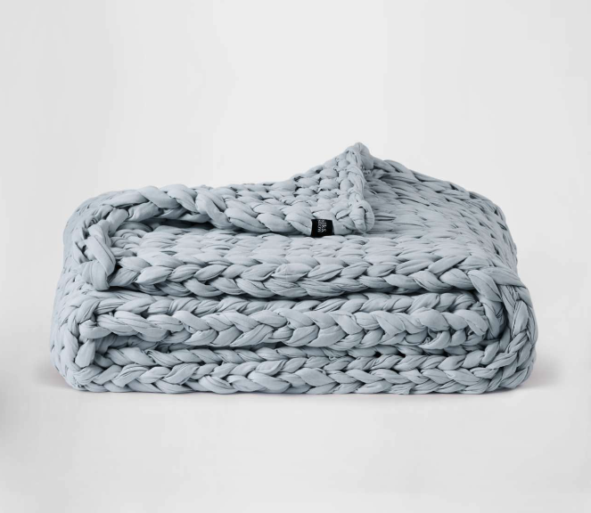 light blue silk & snow knit weighted blanket