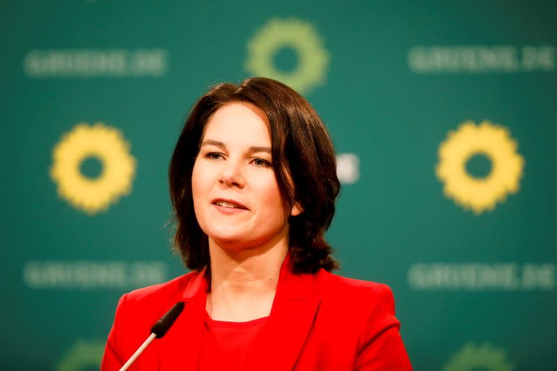 FILE PHOTO: Annalena Baerbock, Germany's Green party co-leader and candidate for chancellor in the September national election, speaks at a news conference in Berlin
