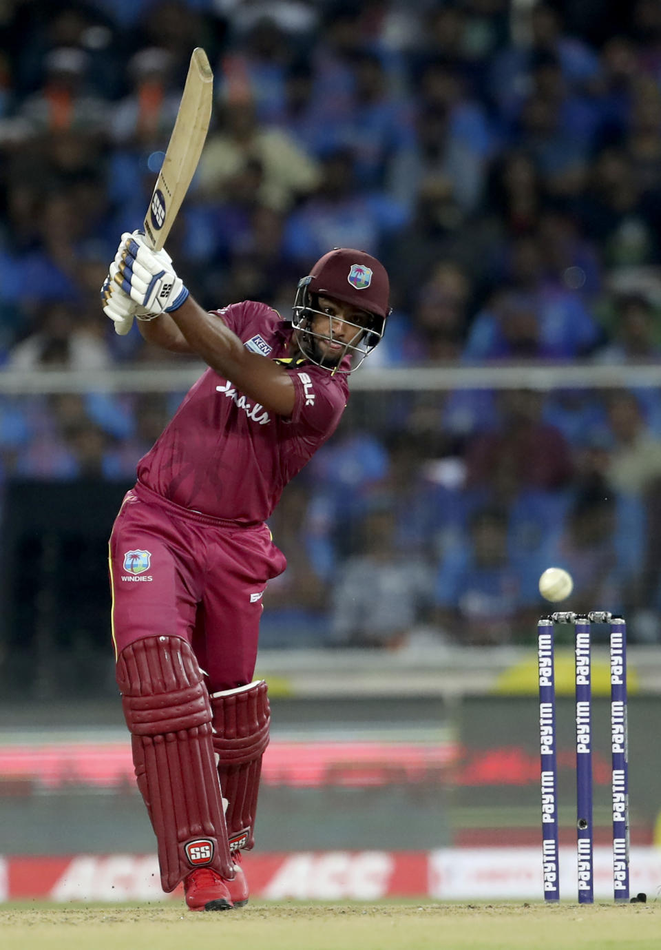 West Indies' Nicholas Pooran bats during the second Twenty20 international cricket match between India and West Indies in Thiruvanathapuram, India, Sunday, Dec. 8, 2019. (AP Photo/Aijaz Rahi)