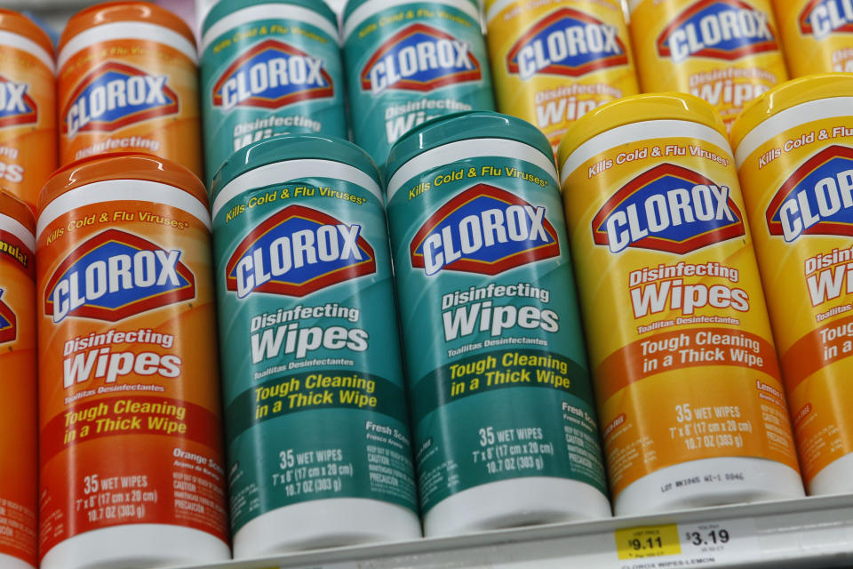 FILE - In this July 15, 2011, file photo, Clorox brand products line the shelf of a supermarket in the East Village neighborhood of New York. General Motors announced Thursday, April 20, 2017, that it will stop doing business in Venezuela after authorities took control of its only factory there. Clorox Co. said in September 2014 that it was shutting down all operations in Venezuela, citing restrictions by the government, supply disruptions and economic uncertainty. (AP Photo/Mary Altaffer, File)