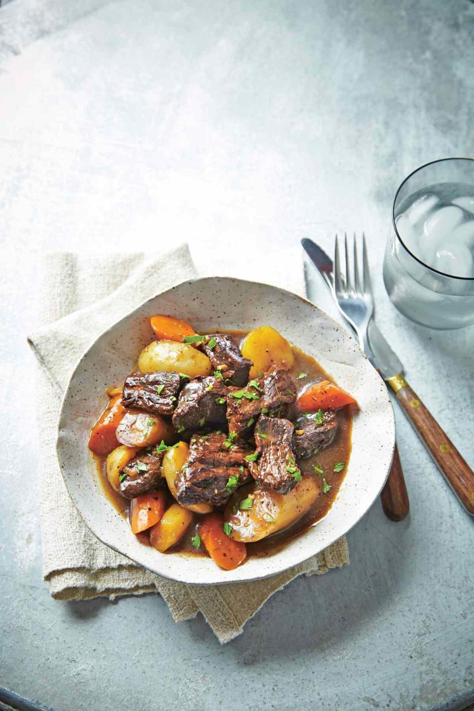 Beer-Braised Beef Tips with Root Vegetables and Horseradish