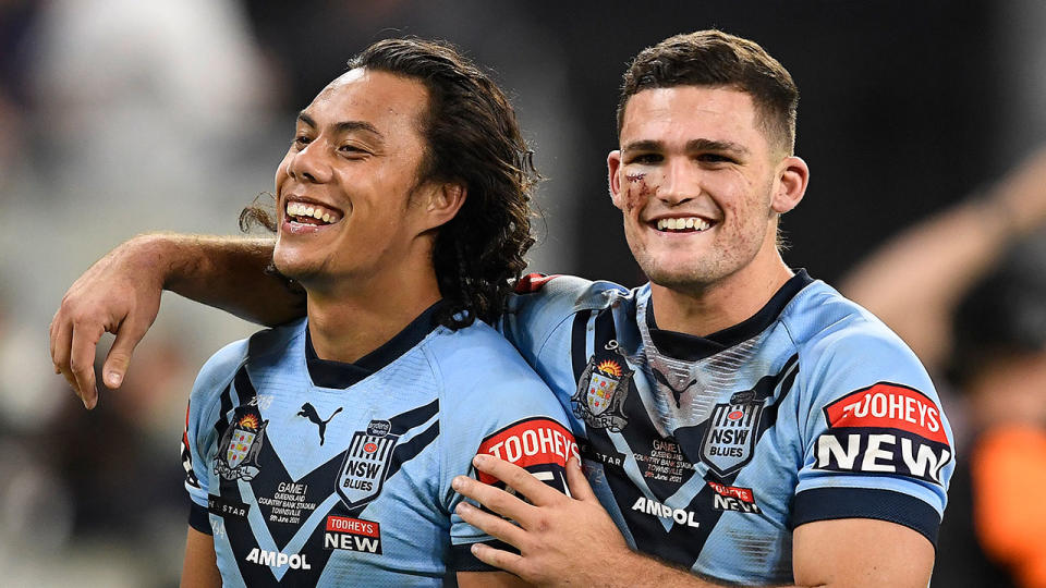 Pictured here, NSW teammates Jarome Luai and Nathan Cleary share a laugh in Origin Game I.