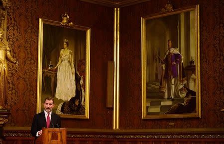 Spain's King Felipe delivers a speech at the Palace of Westminster in London, Britain July 12, 2017. REUTERS/Hannah McKay