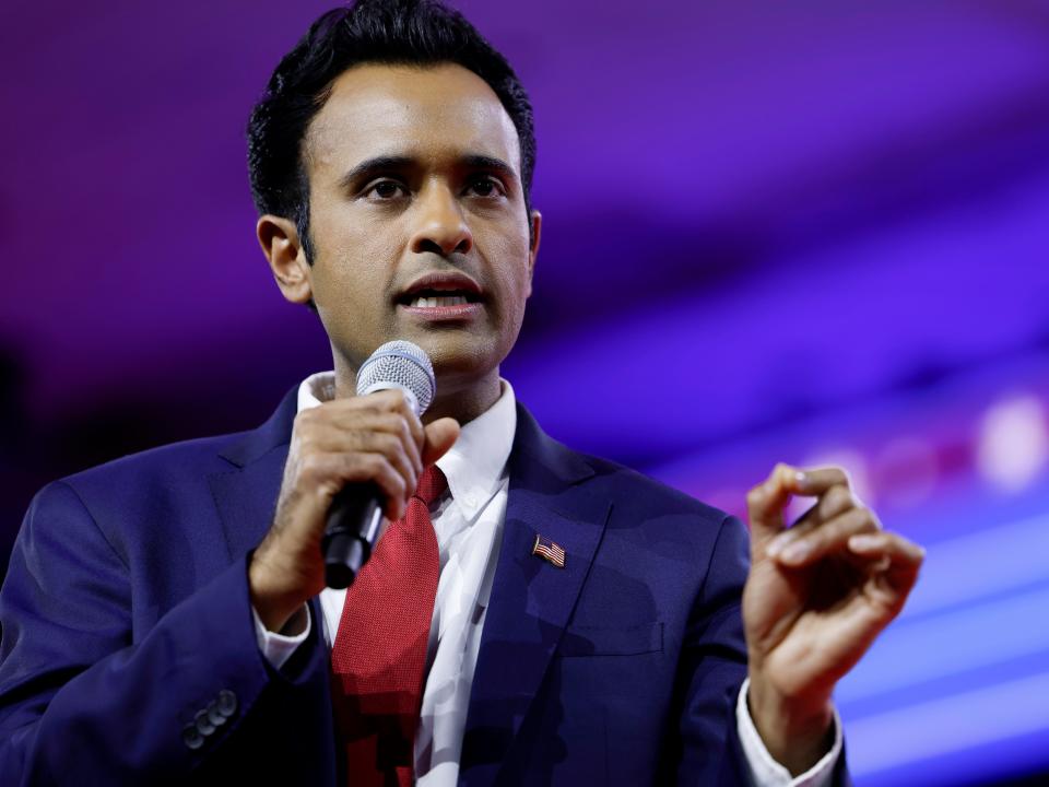 Republican presidential candidate Vivek Ramaswamy, speaks during the annual Conservative Political Action Conference (CPAC) at the Gaylord National Resort Hotel And Convention Center on March 03, 2023