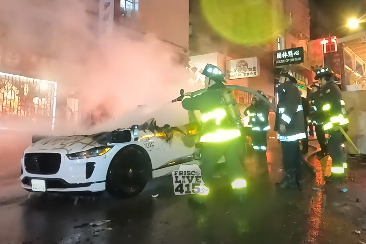 A Waymo driverless robotaxi was torched in San Francisco on 10 February 2024 (Screenshot/ YouTube/ Frisco Live 415)