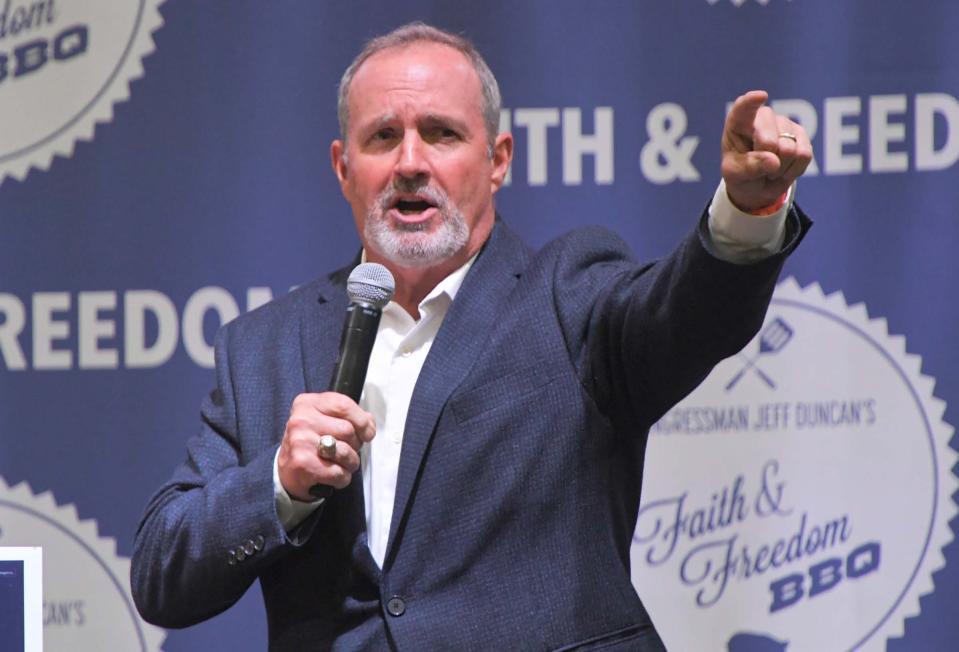 U.S. Rep Jeff Duncan speaks at his 12th Annual Faith and Freedom BBQ in the Civic Center of Anderson Monday, August 28, 2023. State of Florida First Lady Casey DeSantis, spoke in place of original keynote speaker Florida Governor and presidential candidate Ron DeSantis.