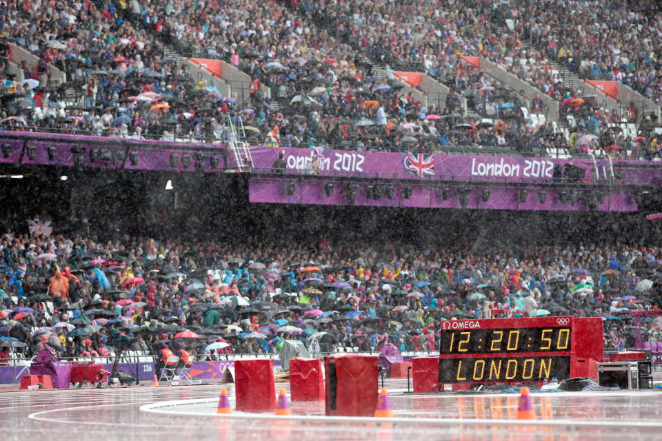 LONDON, ENGLAND - AUGUST 03: Heavy rain pours down on Day 7 of the London 2012 Olympic Games at Olympic Stadium on August 3, 2012 in London, England. (Photo by Adam Pretty/Getty Images)