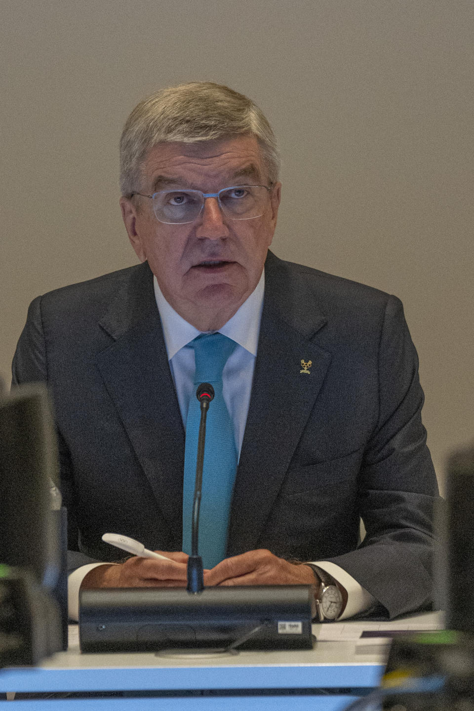 International Olympic Committee (IOC) president Thomas Bach speaks on the first day of the executive board meeting of the IOC ahead of the upcoming 141st IOC session in Mumbai, India, Thursday, Oct. 12, 2023.(AP Photo/Rafiq Maqbool)