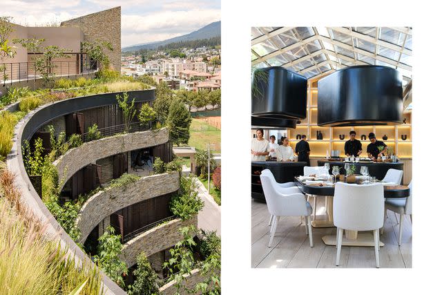 <p>From left: From left: Bicubik/Courtesy of Uribe Schwarzkopf; Gabriela Salinas/Courtesy of Foresta</p> From left: Aquarela, a residential project by architect Jean Nouvel in Quito's Cumbayá suburb; the main dining room at Chef Rodrigo Pacheco's Foresta has a glass roof.