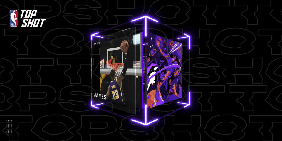 This image provided by Dapper Labs shows a LeBron James digital trading card. Just a few months ago, almost no one would have paid actual money for a digital image that could be copied for free. But sports trading cards have gone convincingly virtual thanks to a clever use of the technology that underlies Bitcoin and similar cryptocurrencies. These virtual collectible cards -- spinning, floating digital cubes that each feature a video highlight of an NBA player. (Dapper Labs via AP)