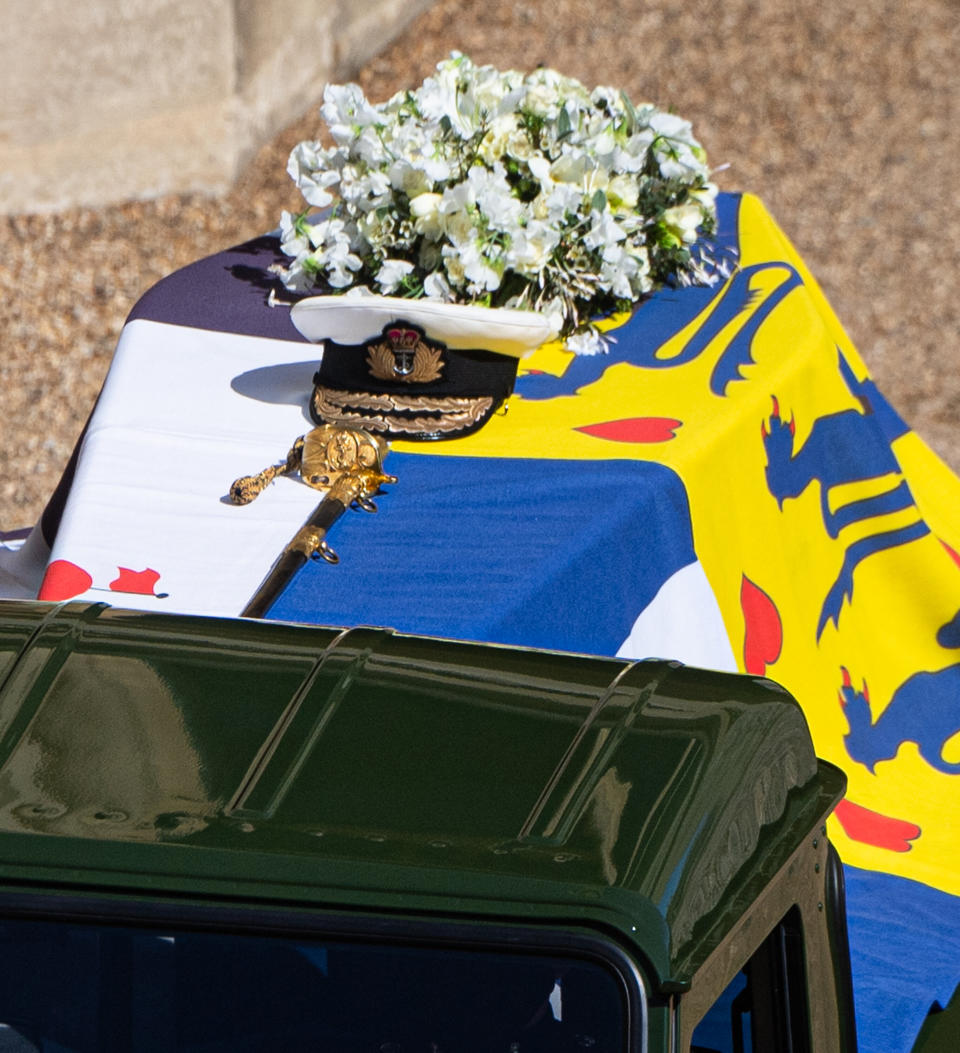 The Duke of Edinburgh&rsquo;s coffin, covered with His Royal Highness&rsquo;s Personal Standard, is seen on the Land Rover that he had helped modify for his funeral.