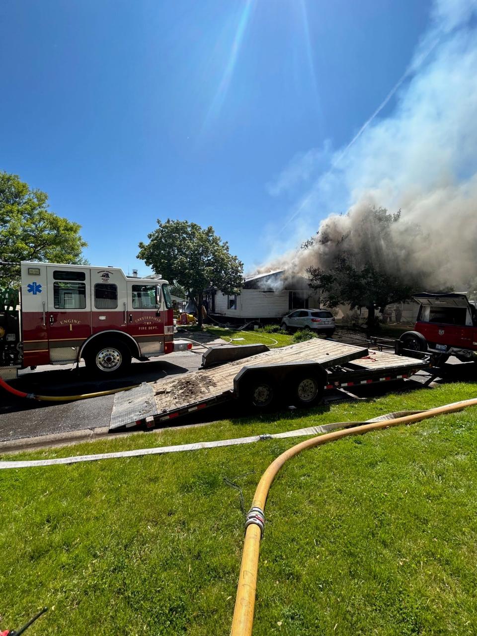 Firefighters battled a ferocious fire Friday, May 26, 2023, that had broken out in a Chesterfield home in the Carriage Way Trailer Park. A ruptured gas line caused an explosion, which then started the blaze.