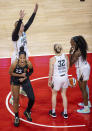 Las Vegas Aces forward A'ja Wilson (22) is pumped up after a score and a foul by New York Liberty forward Kylee Shook (24) during the first quarter of a WNBA basketball game Thursday, June 17, 2021, in Las Vegas. (L.E. Baskow/Las Vegas Review-Journal via AP)