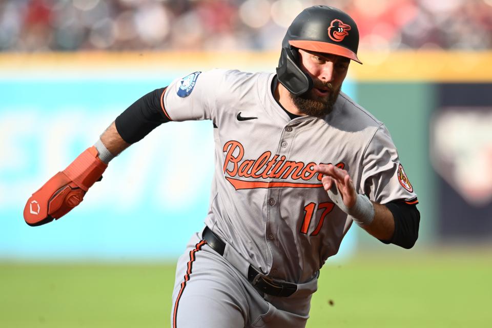 Aug 1, 2024; Cleveland, Ohio, USA; Baltimore Orioles left fielder Colton Cowser (17) rounds third base en route to scoring at Progressive Field. Mandatory Credit: Ken Blaze-USA TODAY Sports