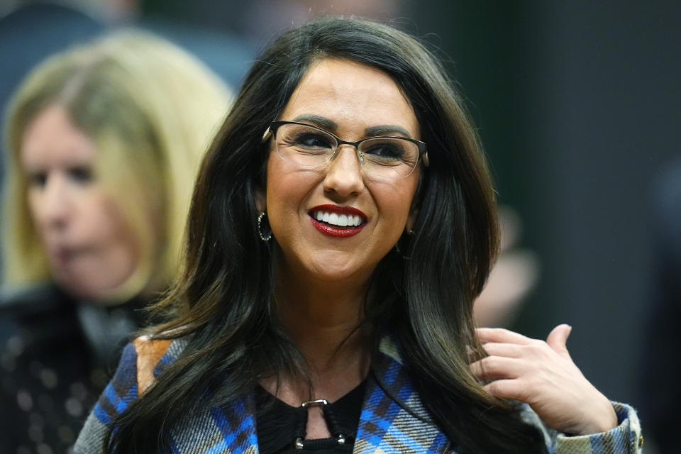 U.S. Rep. Lauren Boebert, R-Colo., greets well-wishers before the first Republican primary debate for the 4th Congressional district seat being vacated by Ken Buck Thursday, Jan. 25, 2024, in Fort Lupton, Colo. (AP Photo/David Zalubowski)